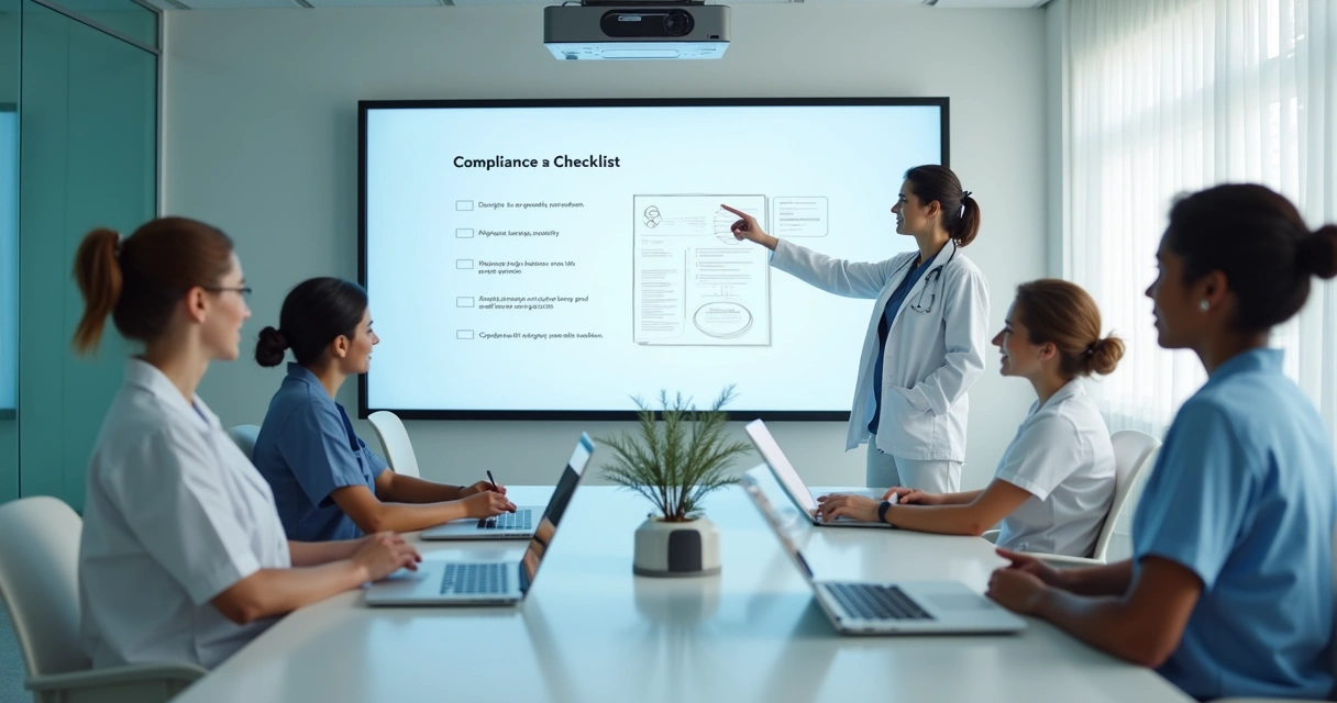 Profissional treinando equipe médica em sala de clínica 