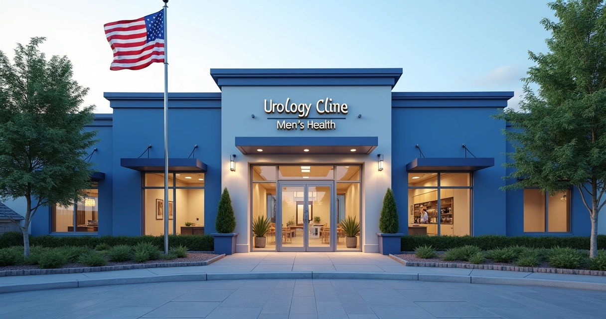 Fachada moderna de clínica de urologia com letreiro, bandeira dos EUA ao fundo e entrada bem iluminada 