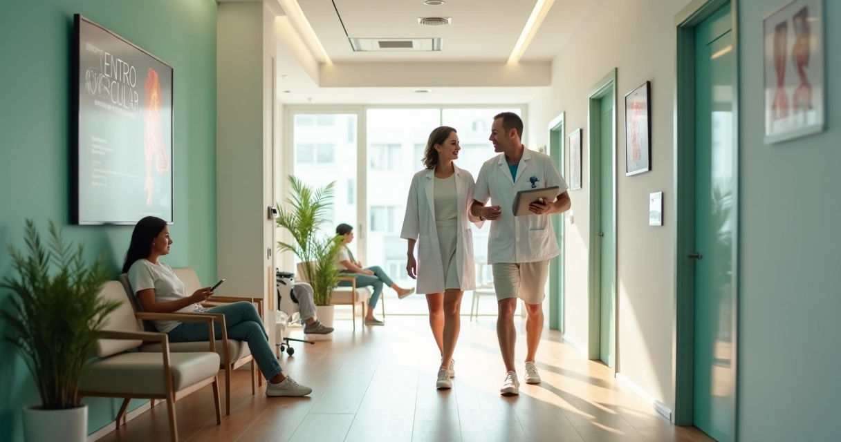 Corredor de clínica vascular moderna em Arcoverde com pacientes caminhando confortavelmente 