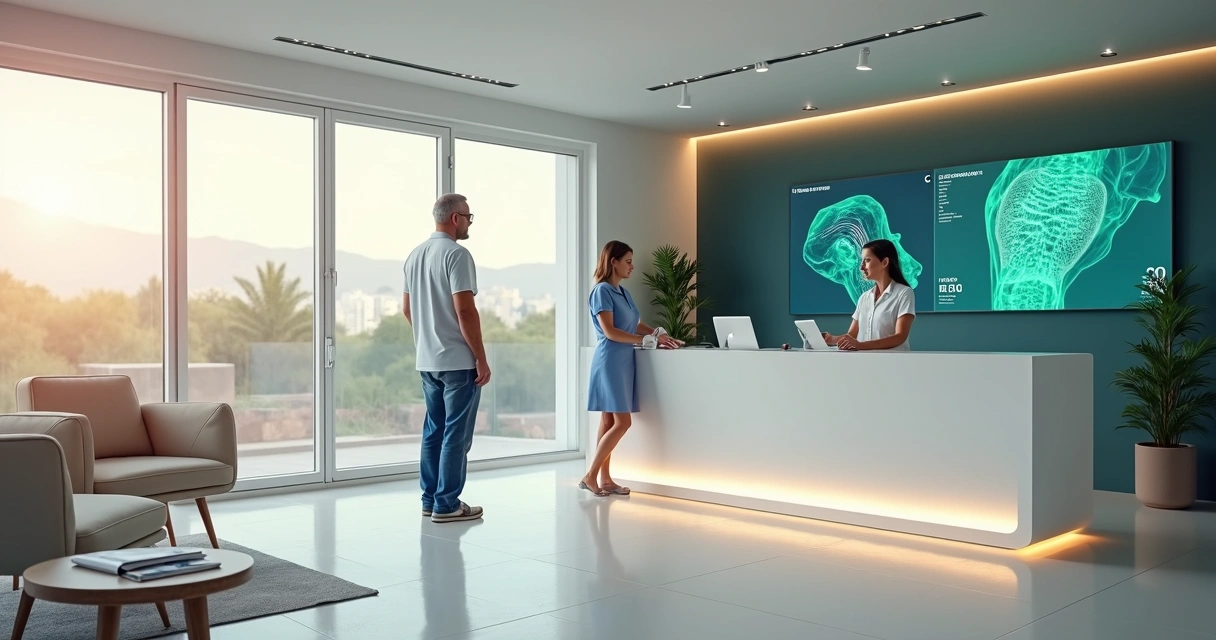 Recepção de clínica de varizes moderna e acolhedora com casal sendo atendido pela recepcionista 