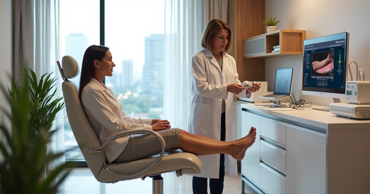 Mulher em clínica vascular moderna em Campinas recebendo avaliação para varizes com aparelho de ultrassom 