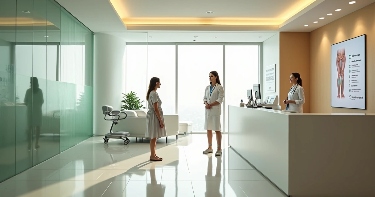 Recepção moderna de clínica vascular em Campinas com paciente em pé ao lado de painel explicativo sobre varizes. 