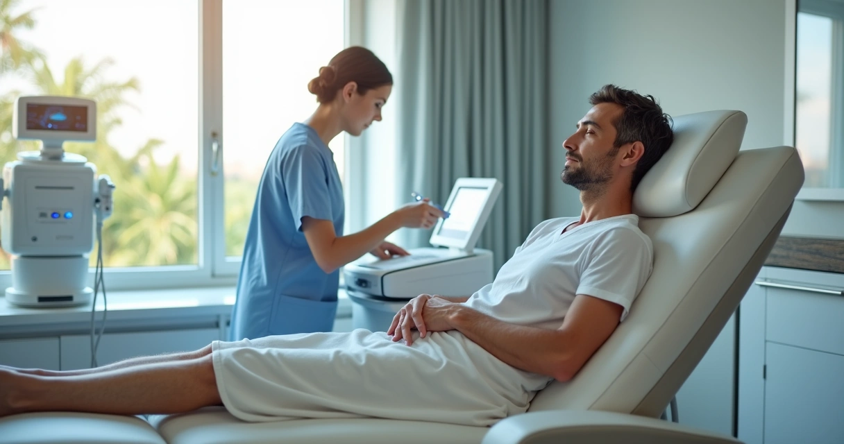Paciente relaxada em sala de procedimento vascular moderna e confortável 