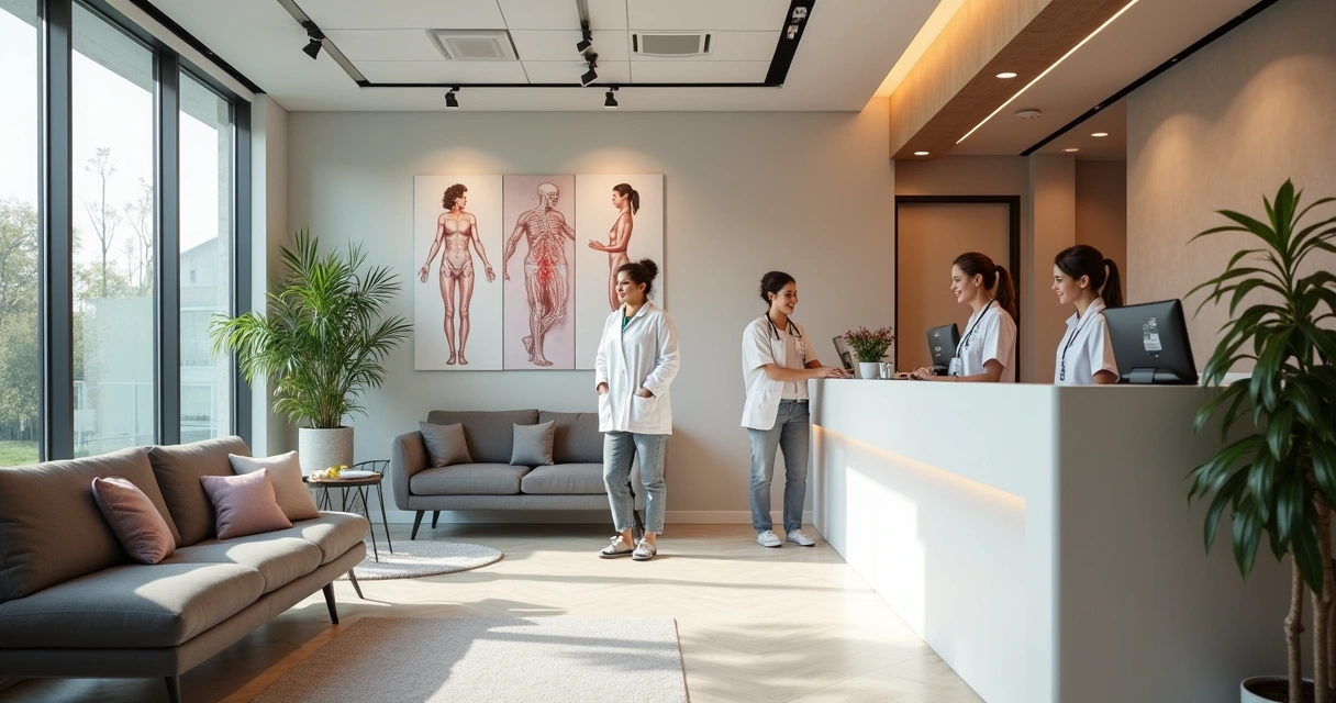 Recepção de clínica vascular moderna e acolhedora, equipe sorrindo 