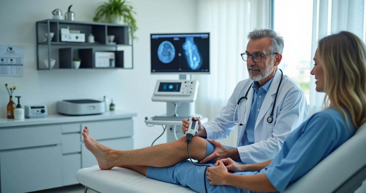 Médico vascular examinando perna de paciente em clínica moderna em Anápolis 