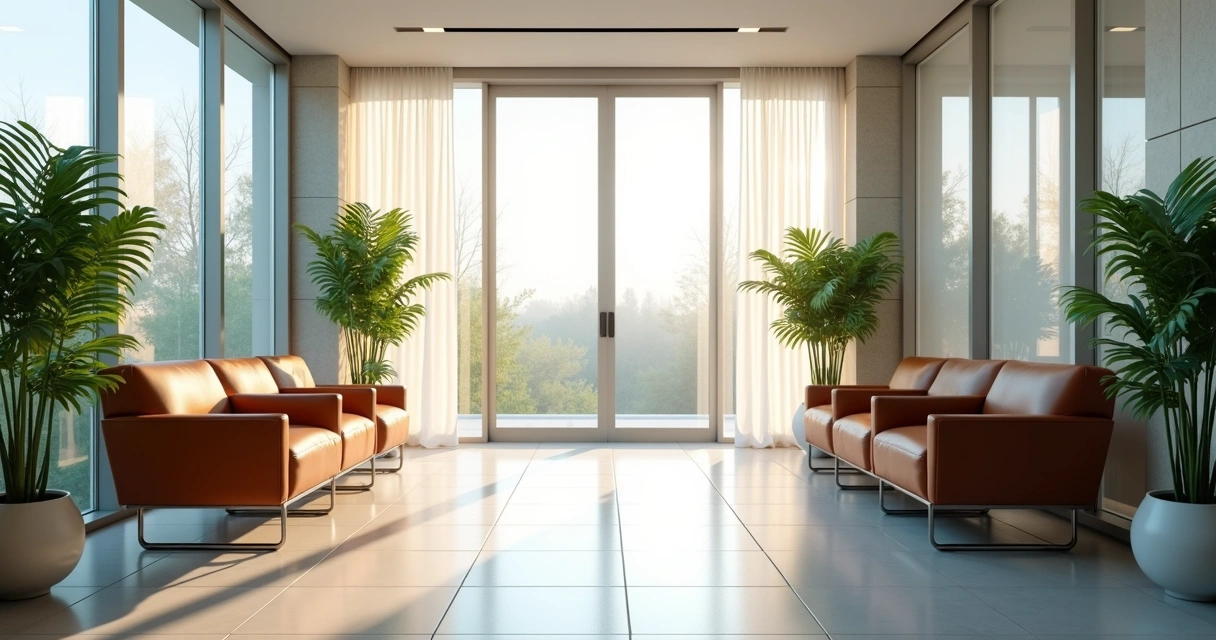 Recepção moderna de clínica vascular com plantas e poltronas de couro 