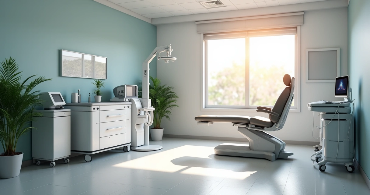 Sala moderna de clínica vascular com equipamentos de laser 