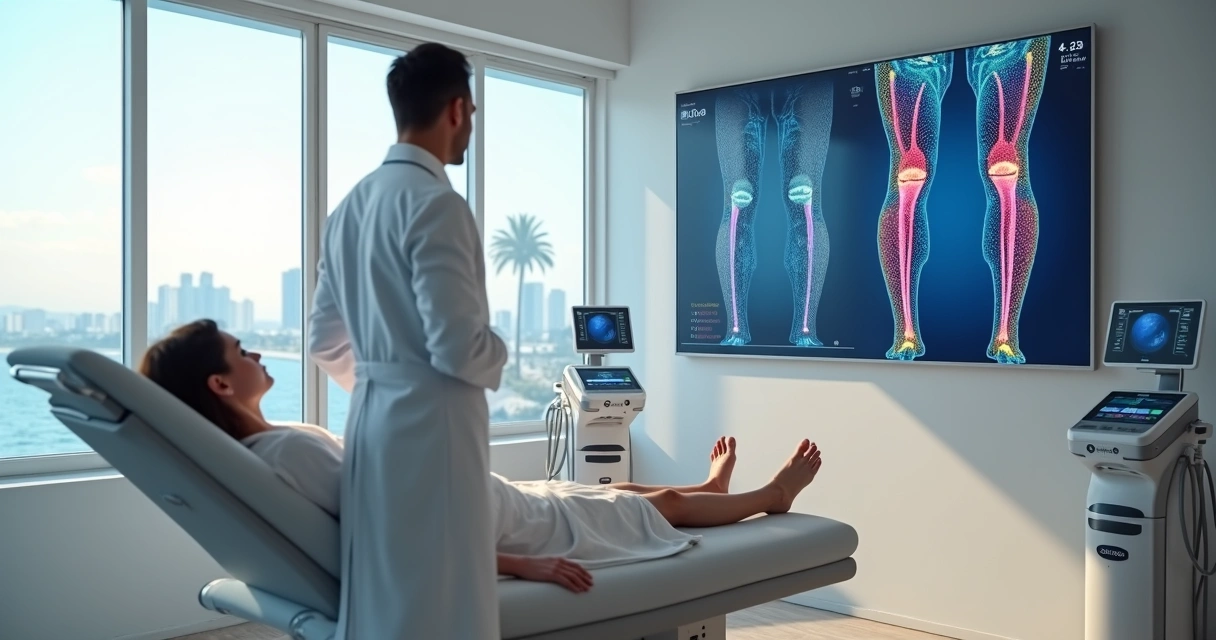 Médico vascular em Aracaju analisando mapa 3D de veias em sala moderna 