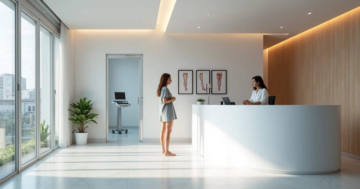 Recepção moderna de clínica vascular em Aracaju com paciente sendo atendida 