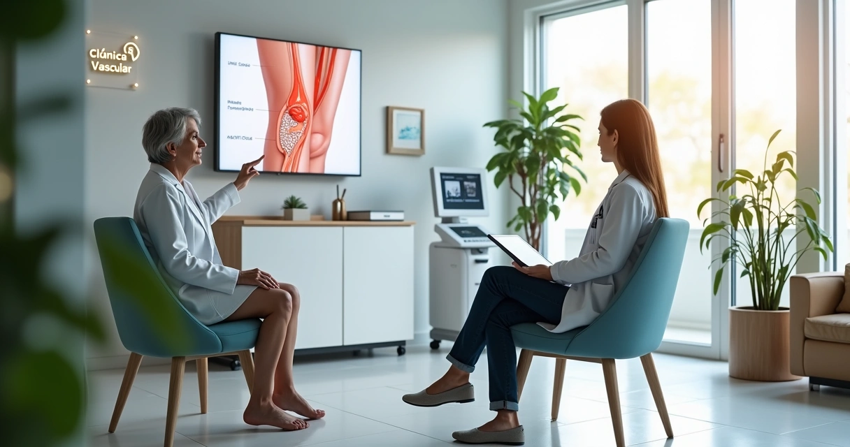 Recepção de clínica vascular moderna em Arcoverde com médica explicando tratamento de varizes a paciente 