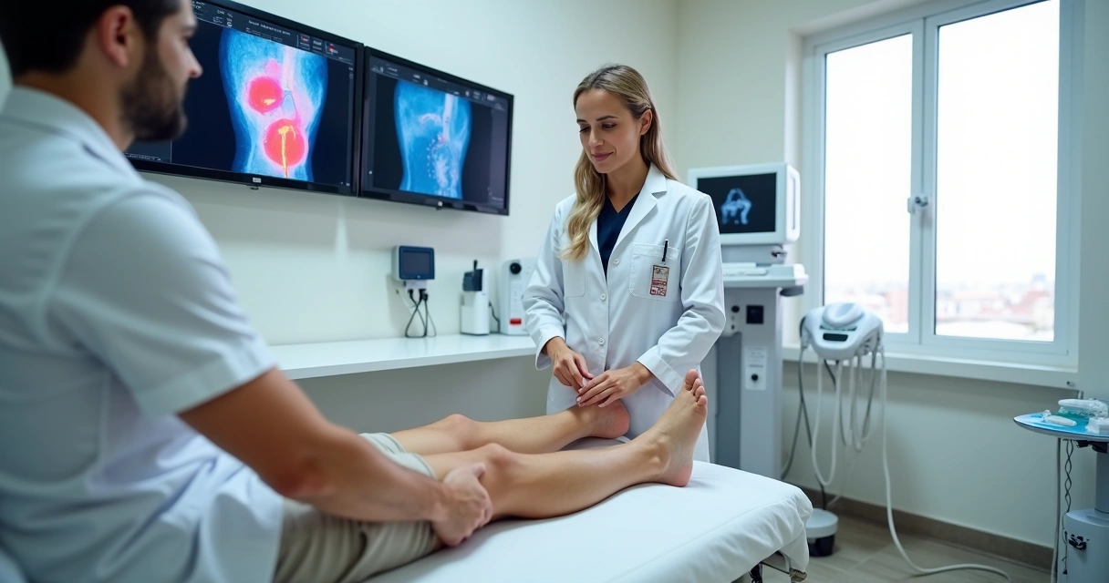 Médico vascular em Belém avaliando pernas de paciente com ultrassom em clínica moderna 