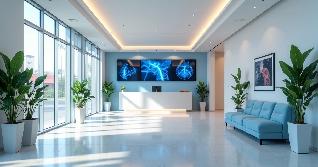 Recepção moderna de clínica vascular com iluminação natural, móveis claros e detalhes azul claro. 