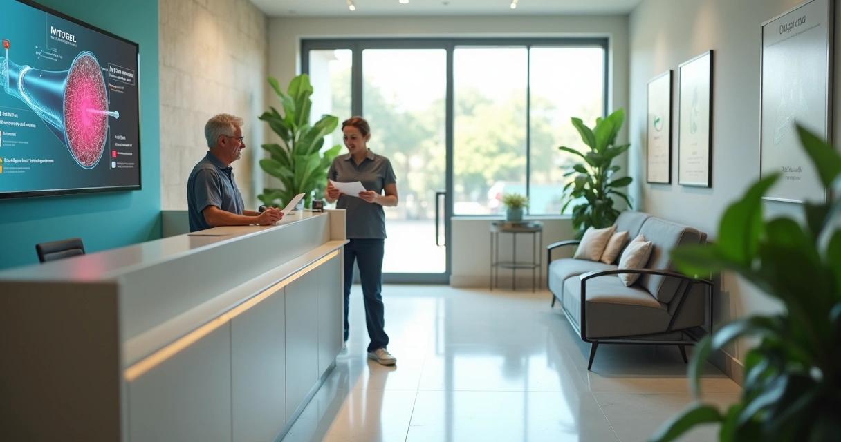 Recepção de clínica vascular moderna em Belém com paciente avaliando opções de tratamento para varizes 