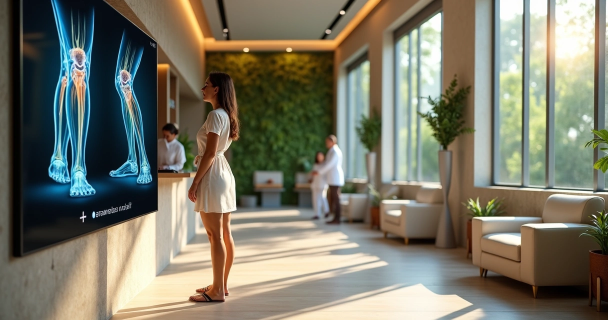 Recepção de clínica vascular moderna em Belém com paciente observando pernas saudáveis em painel digital 