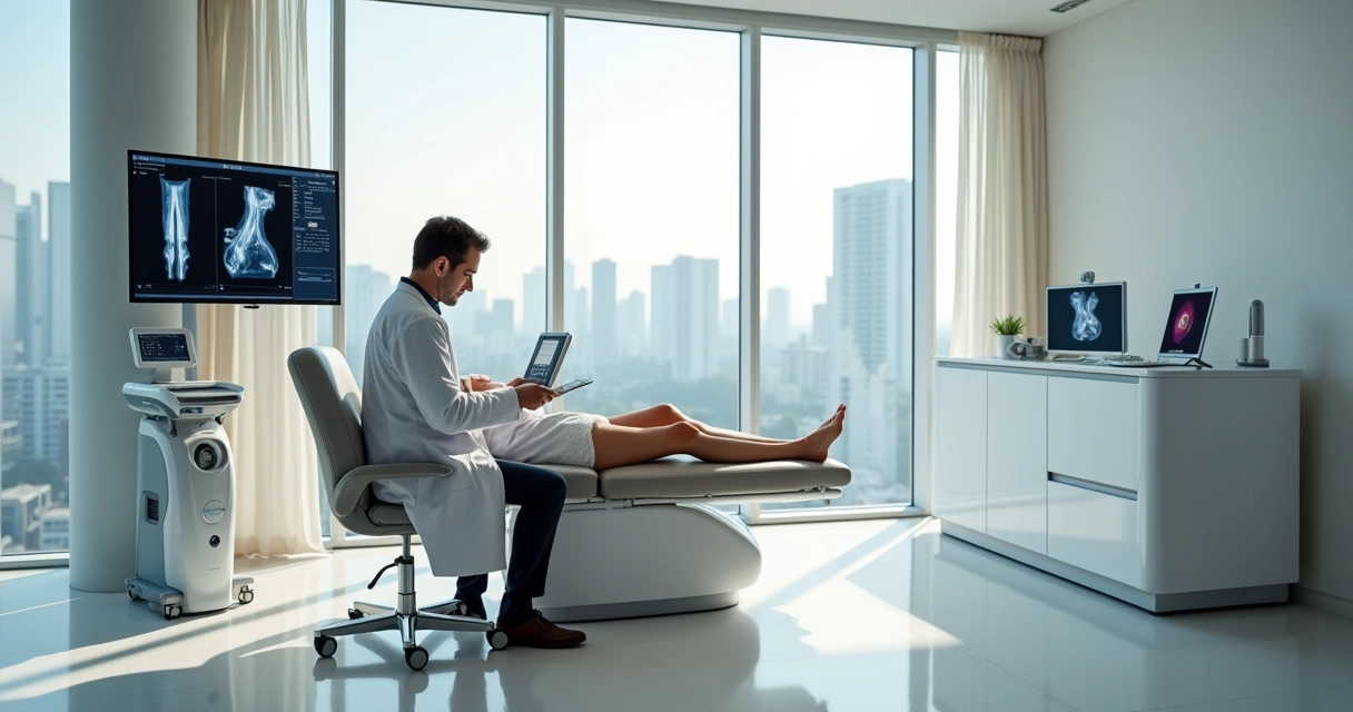 Médica vascular avaliando pernas de paciente em clínica moderna em Brasília 