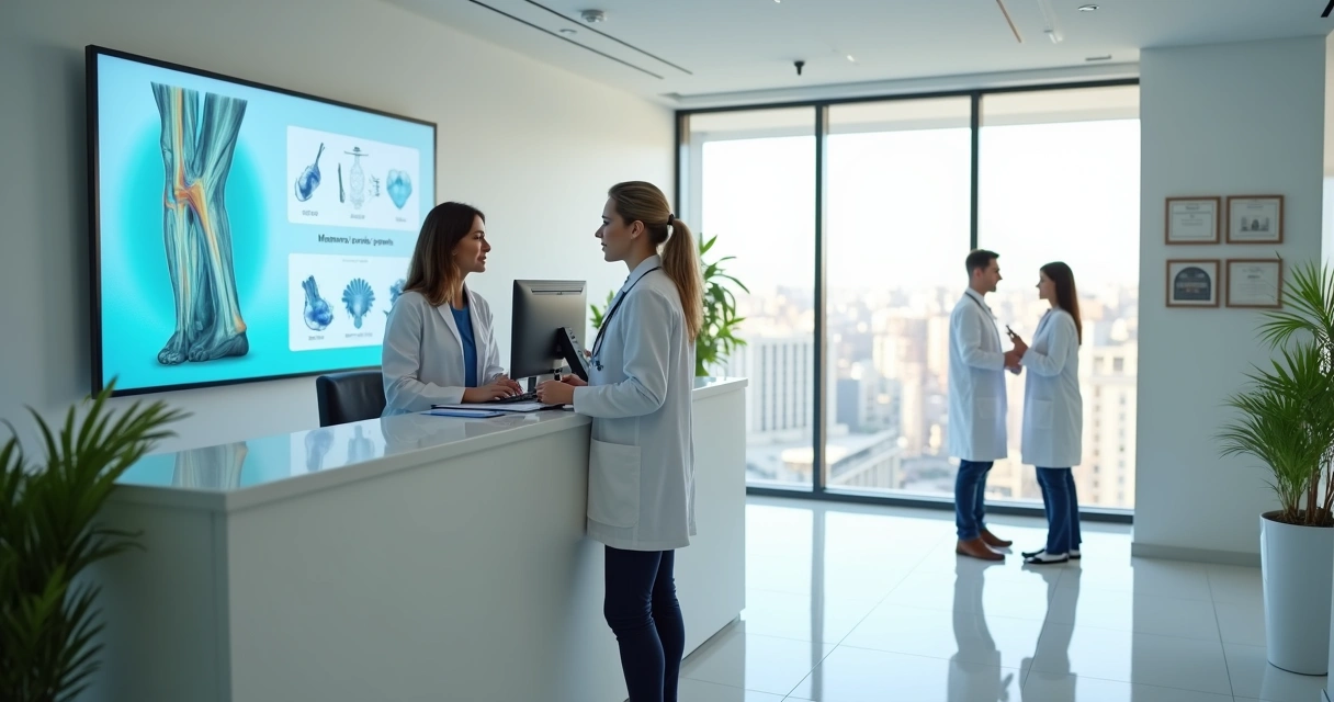 Recepção moderna de clínica vascular em Brasília com paciente sorridente e equipe médica 