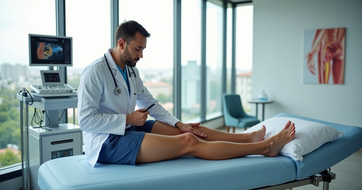 Médica vascular examinando perna de paciente em clínica moderna em Campinas 