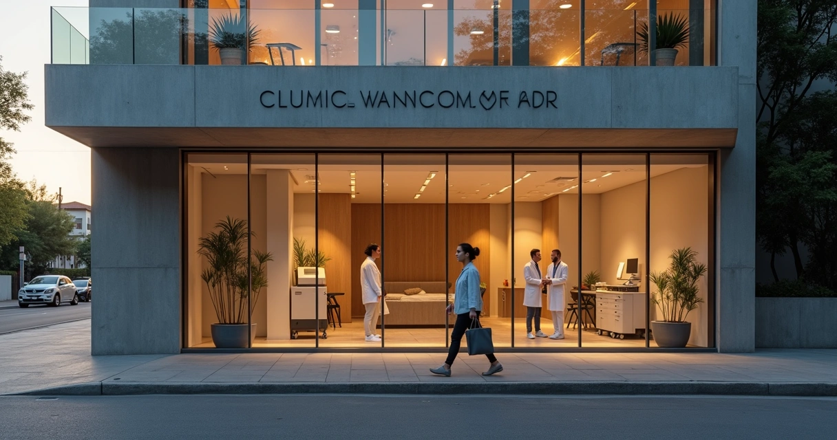 Fachada de clínica vascular moderna em Campinas ao entardecer 