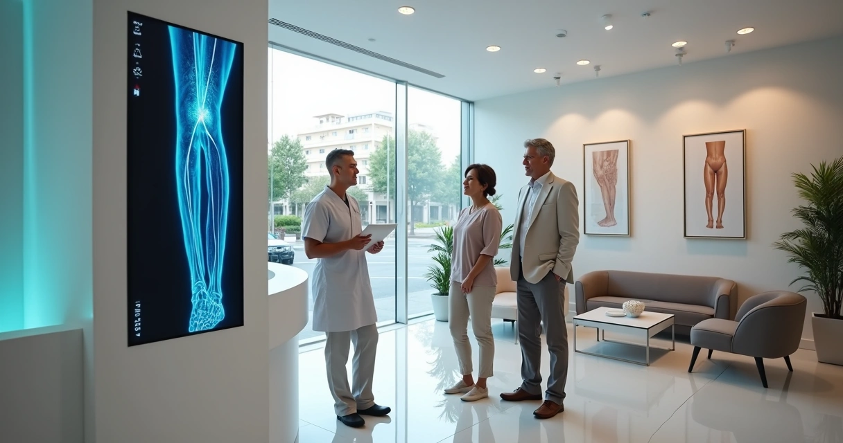 Recepção de clínica vascular moderna em Campinas com profissional apresentando exames de pernas saudáveis em tela digital 