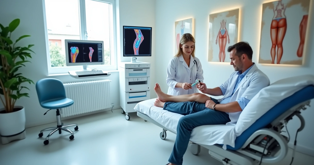 Médico vascular examinando perna de paciente com ultrassom em clínica moderna 