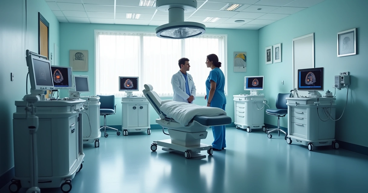 Sala de tratamento vascular com equipamentos modernos, como ultrassom e laser, ambiente iluminado e equipe médica atenta 