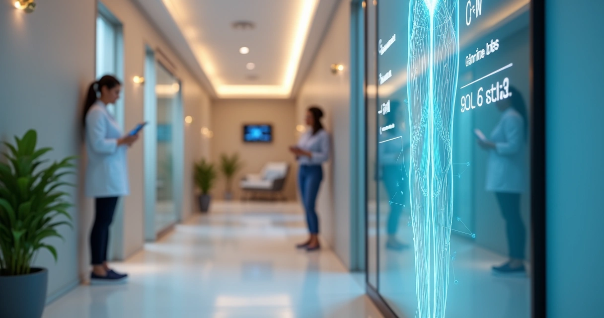 Corredor de clínica vascular moderna com destaque para pernas saudáveis em painel digital 