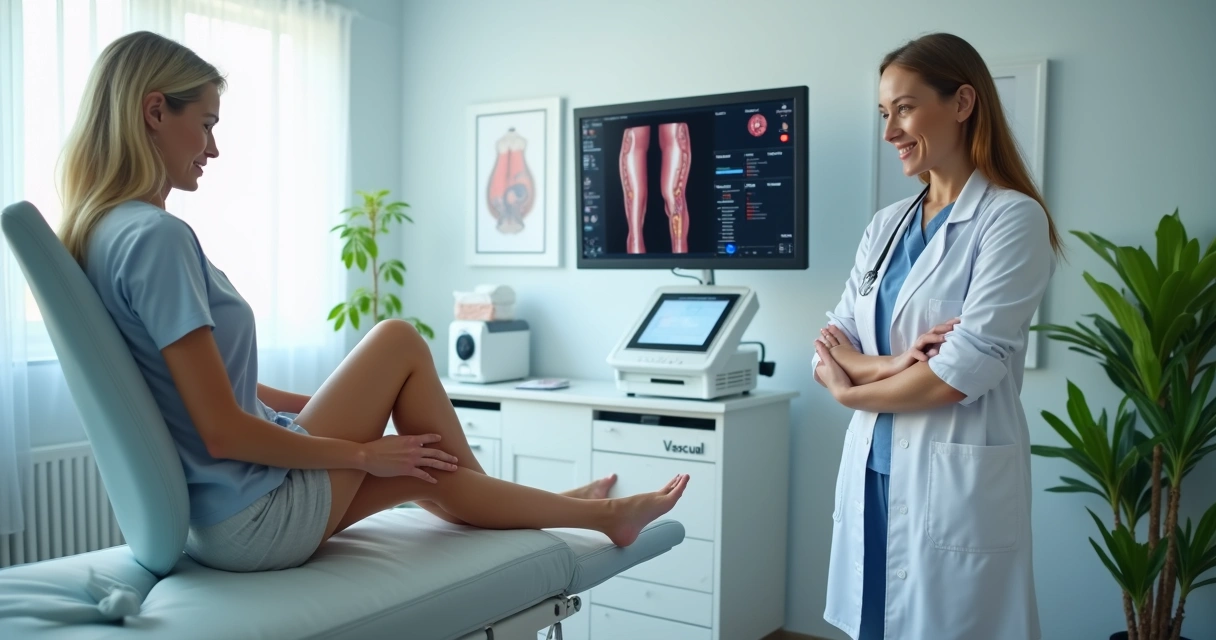 Médico vascular examinando pernas de paciente em clínica moderna em Linhares 