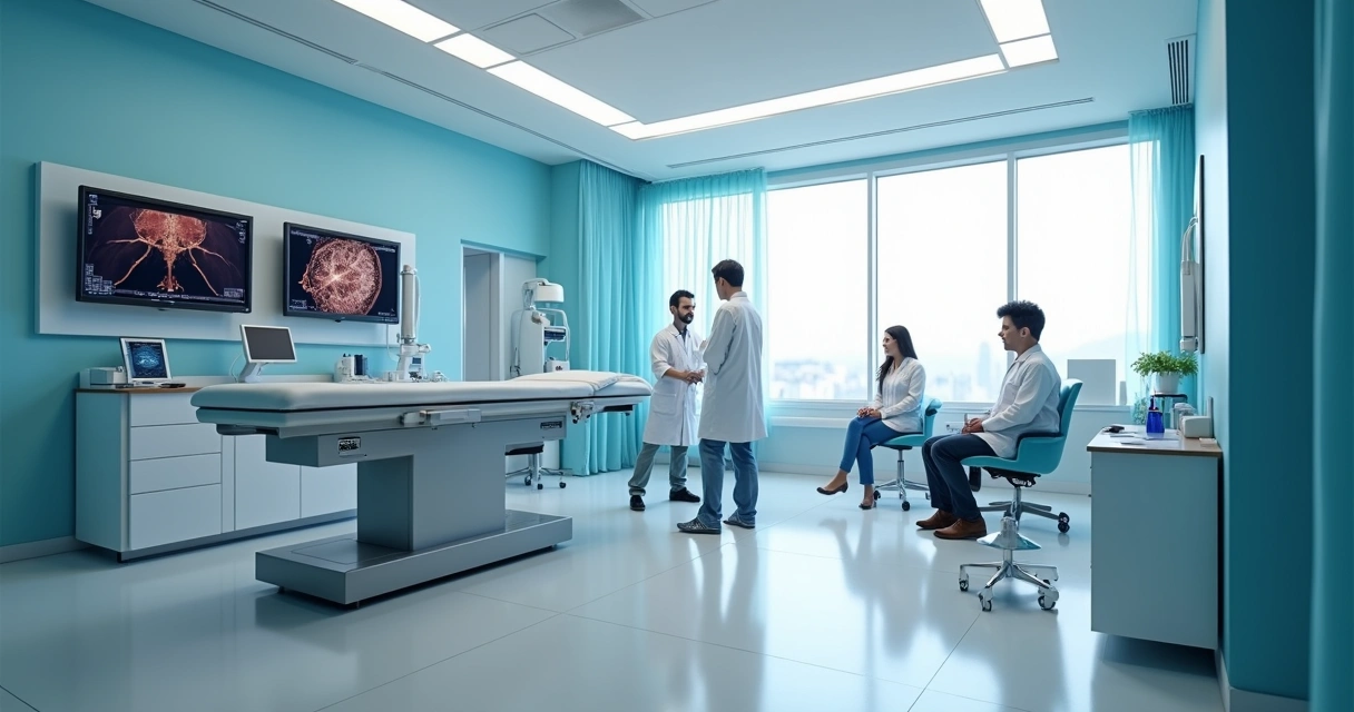 Sala de clínica vascular moderna com equipamentos de laser e ultrassom