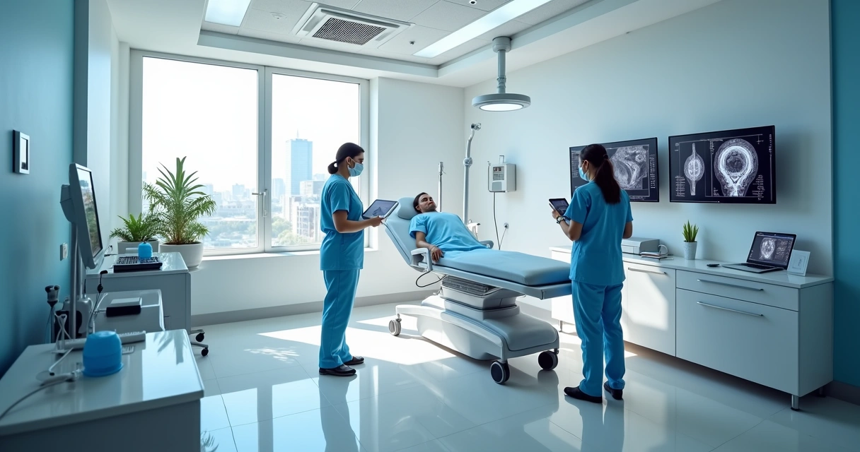 Sala moderna de clínica vascular em Brasília equipada com aparelhos de laser e ultrassom