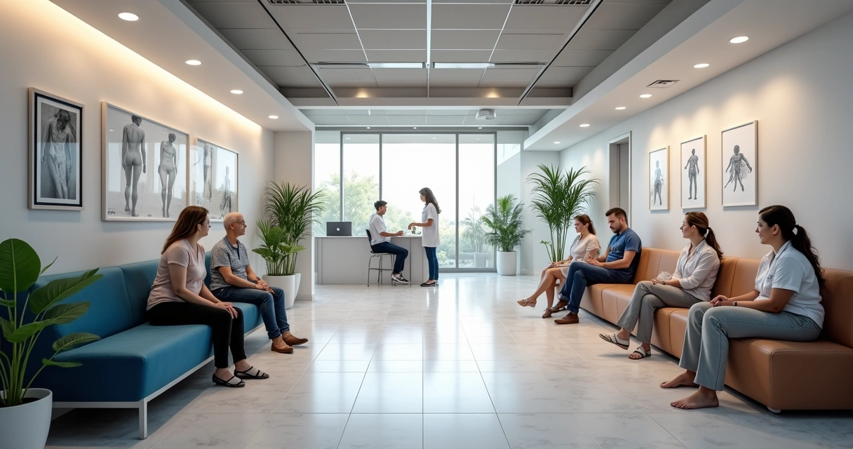 Ambiente de clínica vascular moderna em Campinas com pacientes em atendimento 