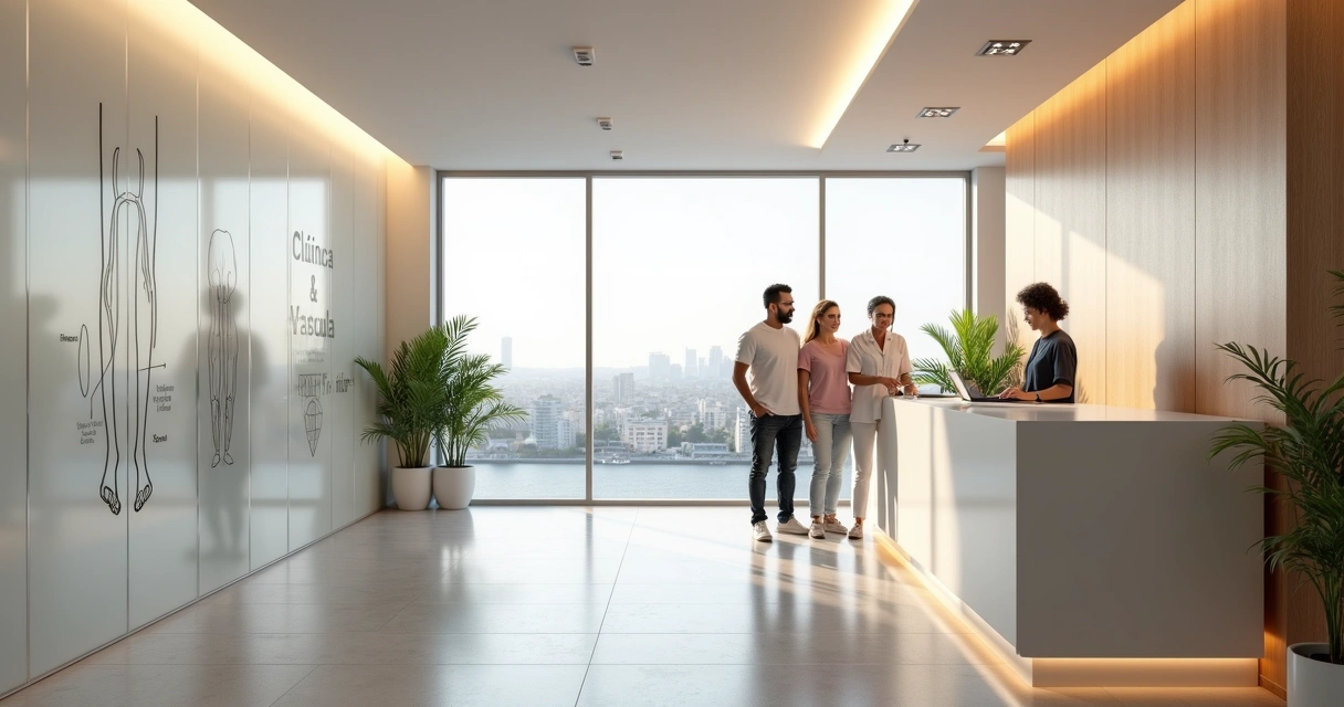 Recepção de clínica vascular moderna com foco discreto em pernas saudáveis 