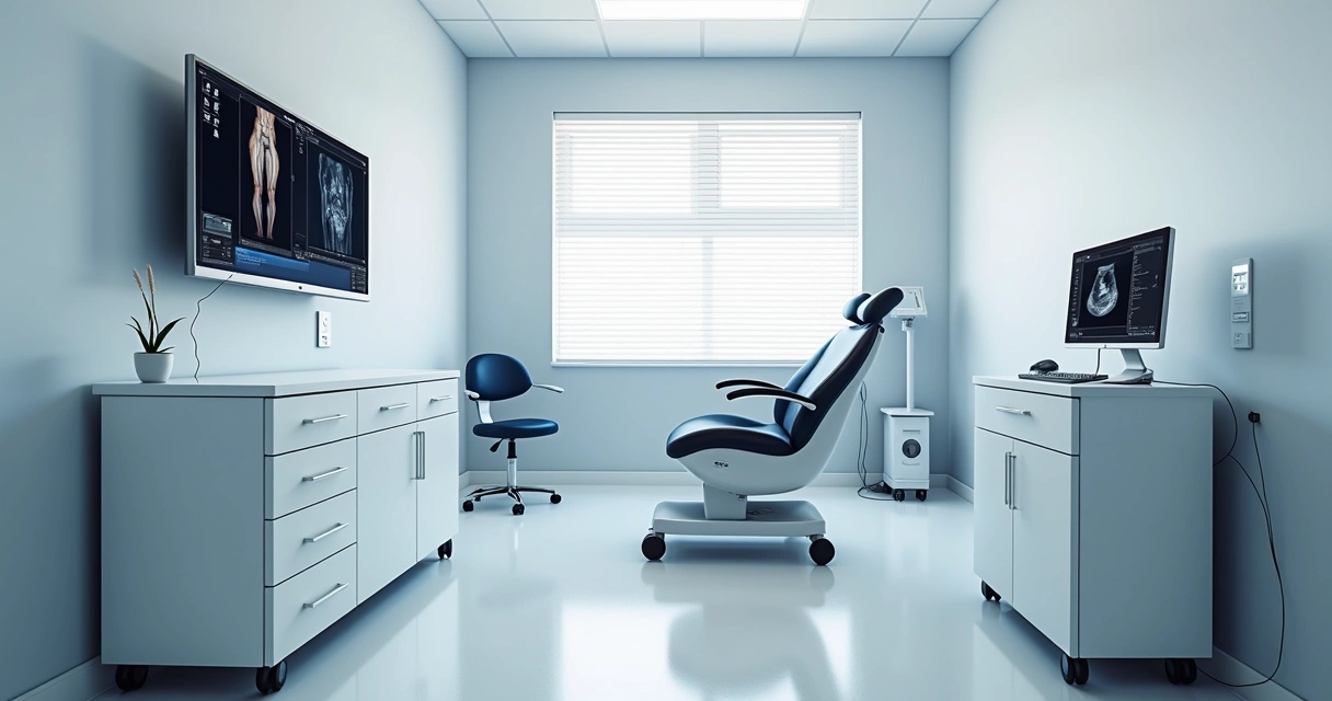 Sala moderna de clínica vascular com equipamentos de laser e ultrassom 