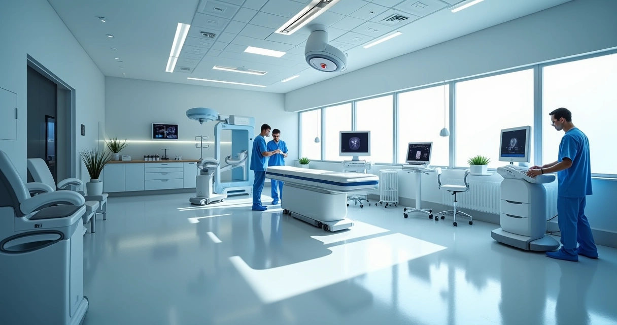 Sala moderna de clínica vascular com equipamentos de laser e ultrassom em Teresina 