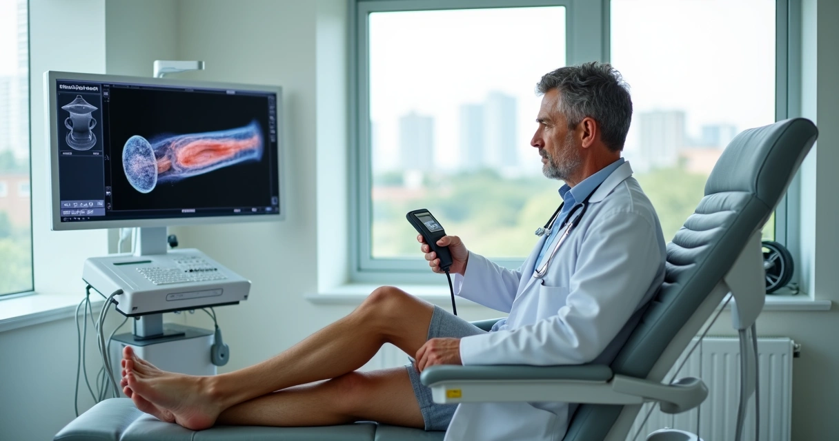 Médico vascular examinando perna de paciente em clínica moderna em Porto Alegre 