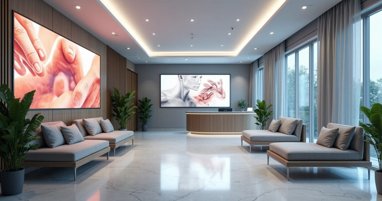 Recepção elegante de clínica vascular com móveis claros e tela digital na parede 
