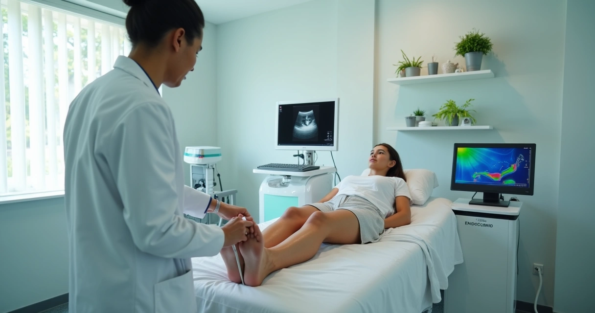 Médico vascular em Salvador examinando perna de paciente com ultrassom em clínica moderna 