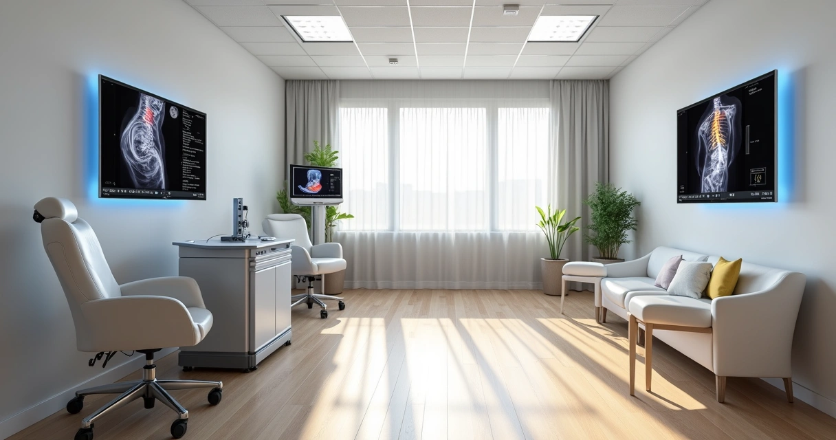 Sala de procedimento vascular com equipamentos modernos e luz suave 