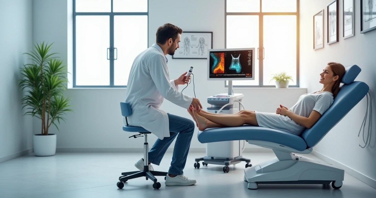 Médica vascular examinando perna de paciente em clínica moderna em Sorocaba 