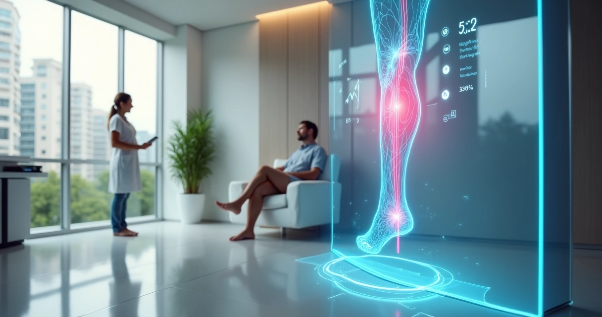 Vascular specialist showing 3D hologram of healthy leg veins in modern clinic 