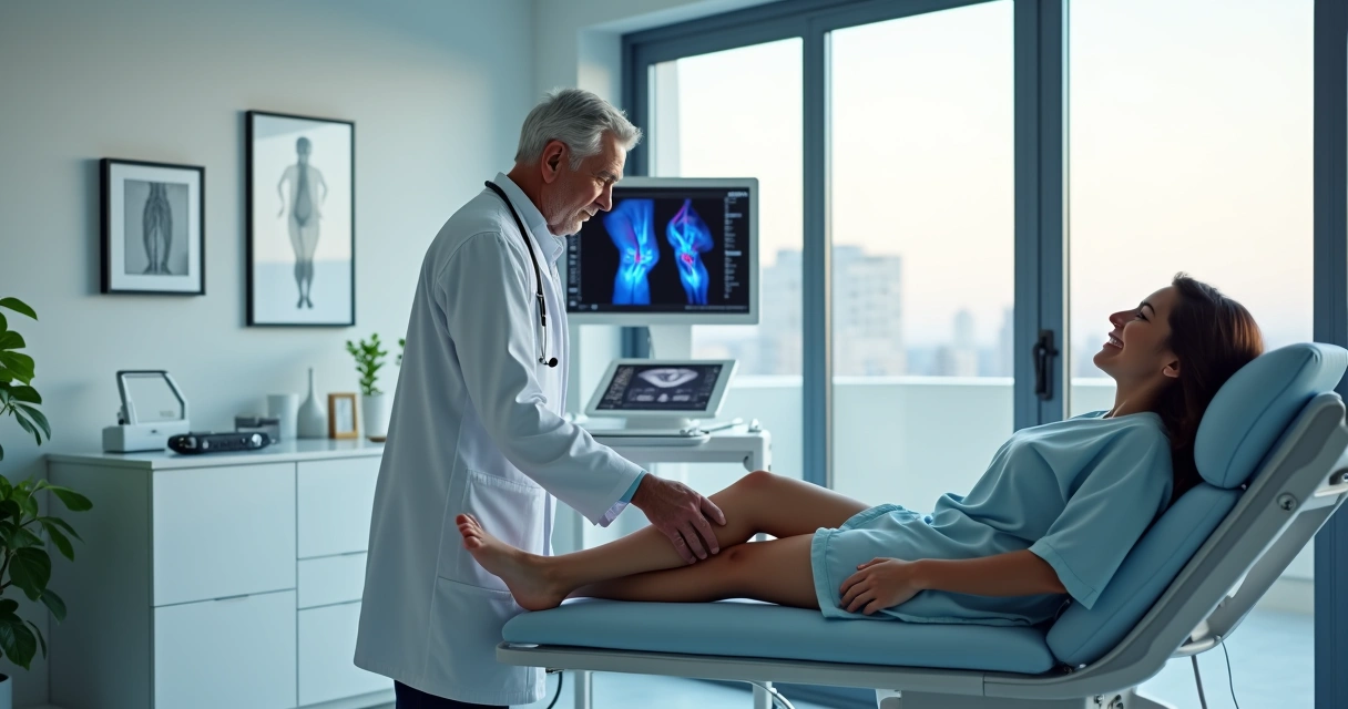 Médico vascular examinando perna de paciente em clínica moderna em Teresina 