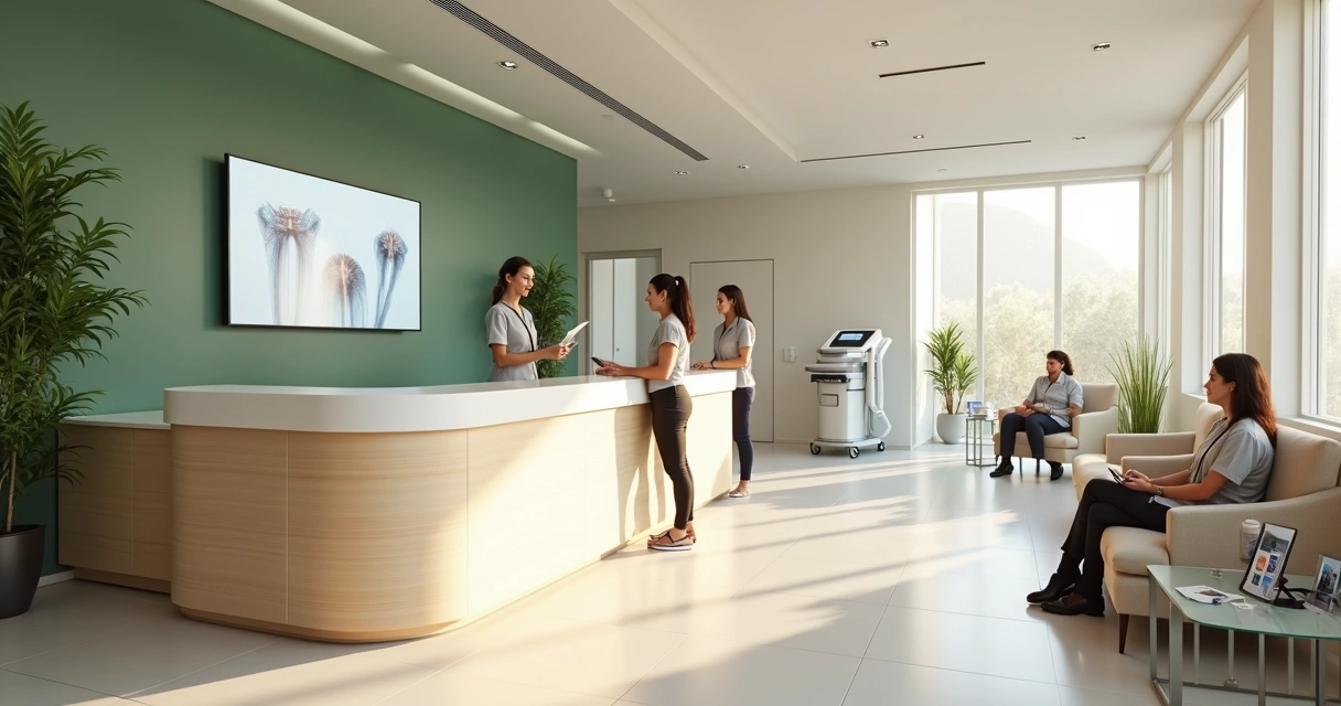 Recepção de clínica vascular moderna em Teresina com equipe acolhedora e tecnologia visível 