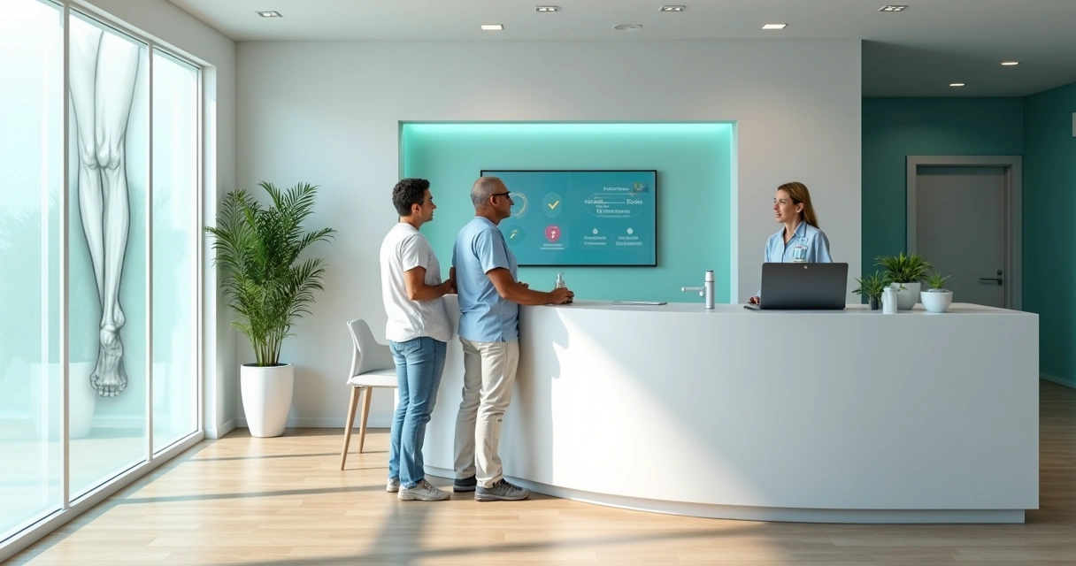 Recepção moderna de clínica vascular com casal conversando com recepcionista sorridente 