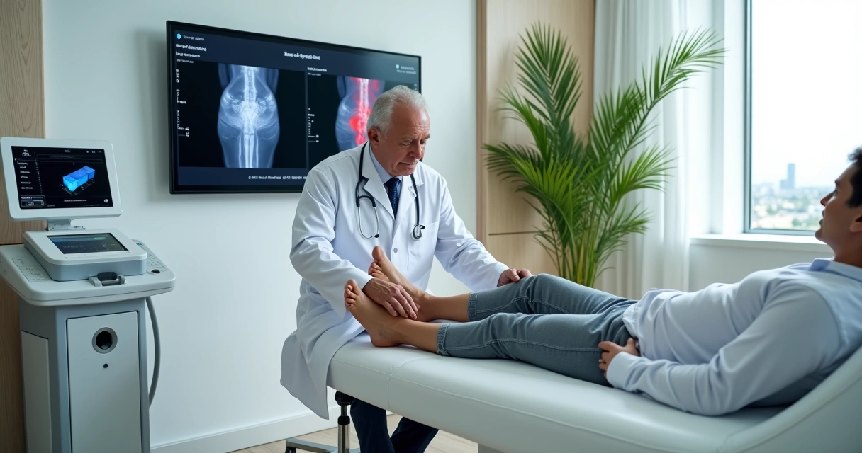 Médico vascular examinando pernas de paciente em clínica moderna em Vitória ES 