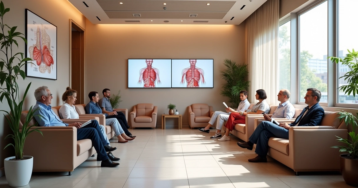 Pacientes aguardando na sala de espera de uma clínica vascular moderna 