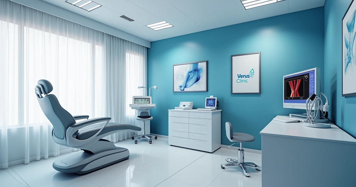 Sala de atendimento moderna com equipamentos de ultrassom em uma clínica vascular 