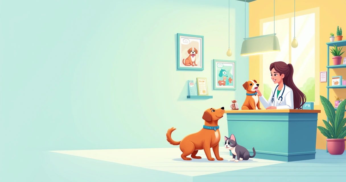 Ilustração de uma clínica veterinária colorida com veterinário, cachorro e gato brincando, simbolizando conexões.