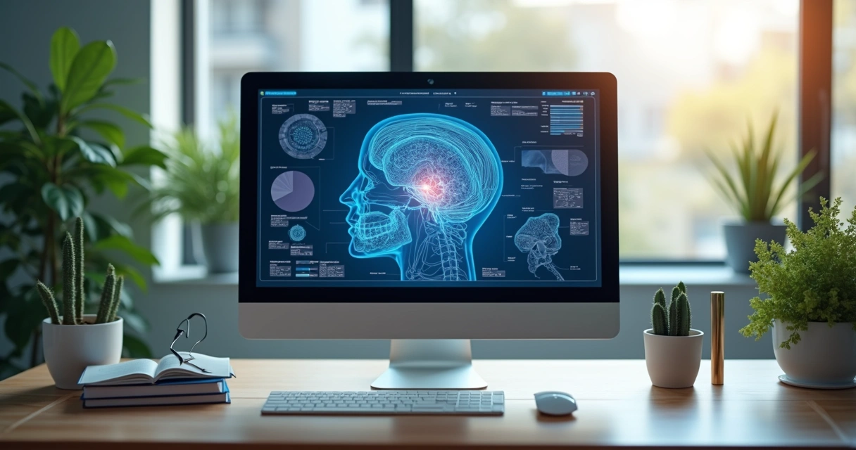 Tela de computador mostrando painel de anúncios digitais para clínica veterinária, com gráficos e dados de desempenho, ambiente moderno com plantas e objetos de escritório 