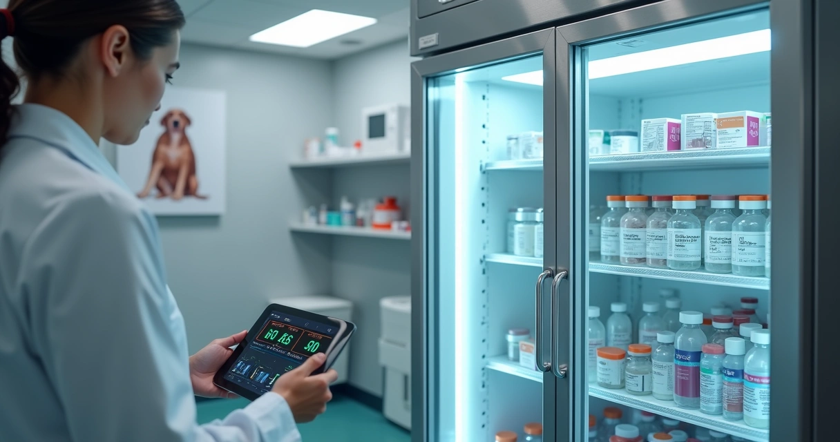 Veterinário em clínica monitorando geladeira de vacinas com tablet IoT 