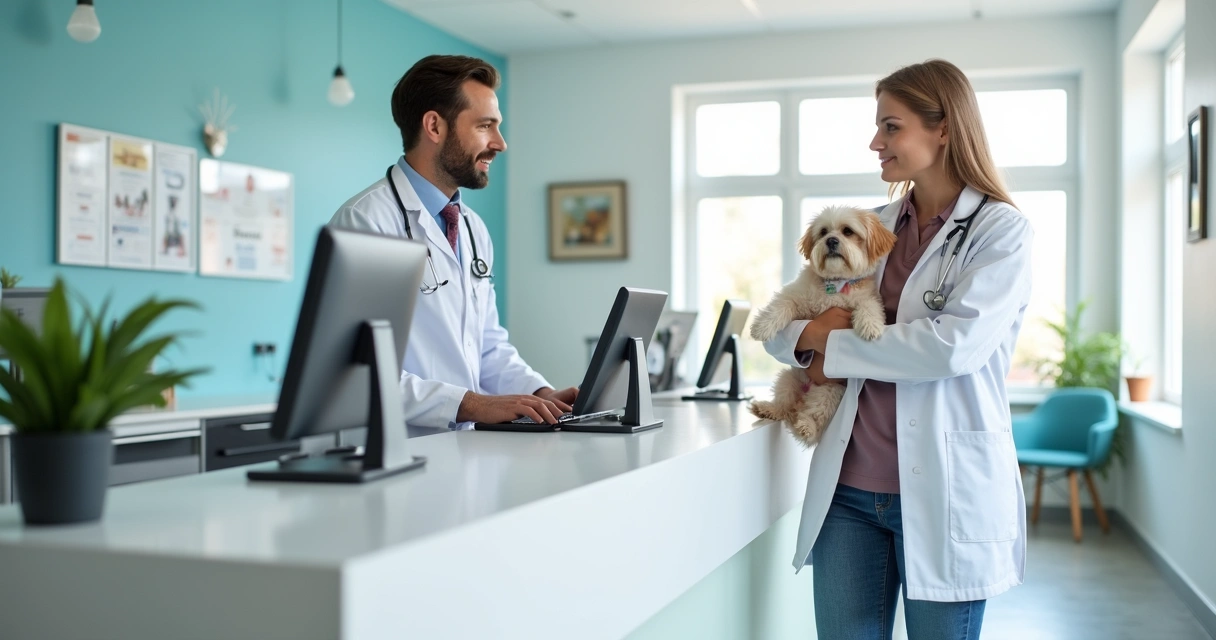 Recepção de clínica veterinária moderna com computador mostrando agenda