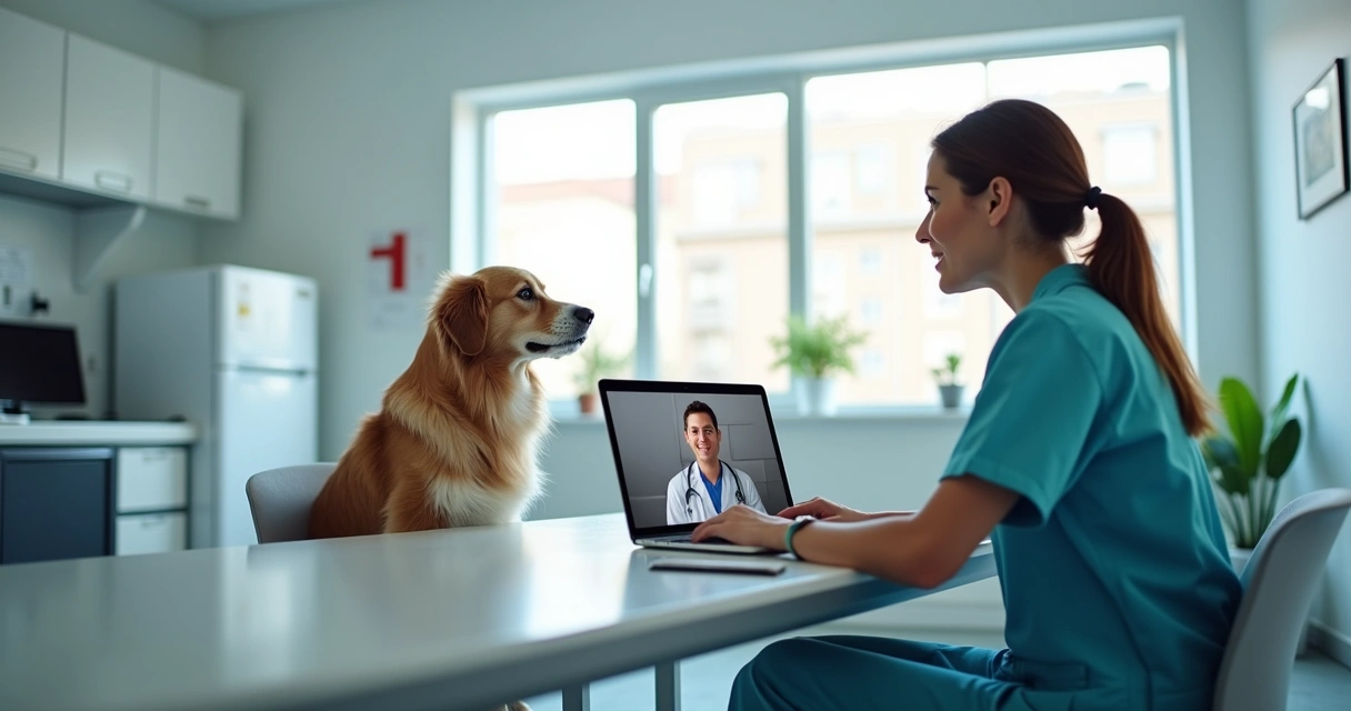 Veterinário usando notebook com paciente canino perto
